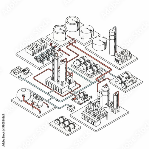 Industrial factory complex isometric illustration with pipelines and tanks.