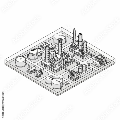 Industrial factory complex isometric line drawing illustration.