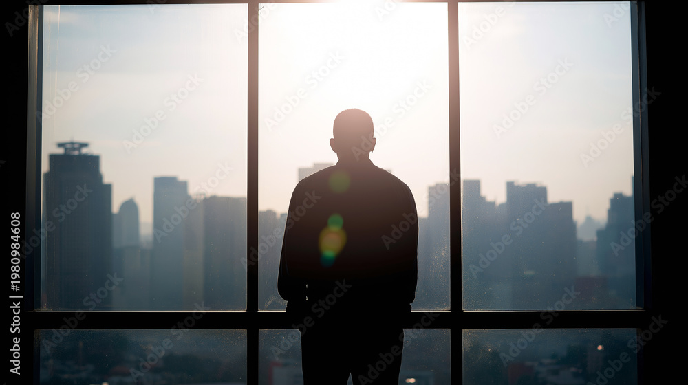 Fototapeta premium Person silhouette standing by office window, observing urban city development with sunrise view, hope concept