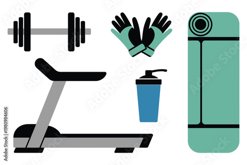 Gym equipment vector icons dumbbell treadmill gloves shaker bottle and yoga mat on transparent background