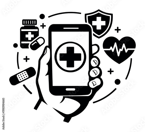 Hand holding smartphone displaying medical cross, surrounded by health symbols like pills, heart, shield, and bandage for digital health services