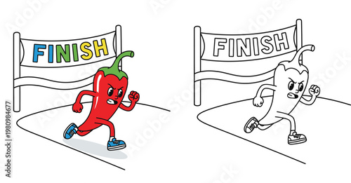 Running Chili Pepper Mascot Crossing Finish Line Vector Illustration and Coloring Page Set
