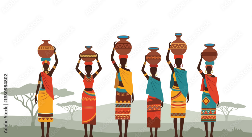 Fototapeta premium African women in colorful traditional dress carry water pots across the savanna
