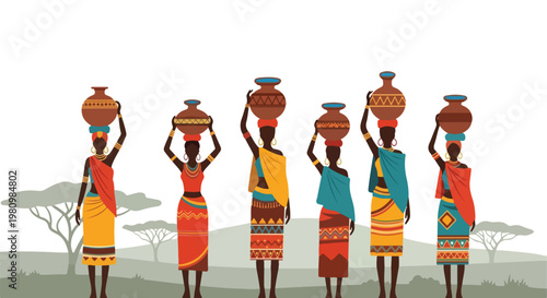 African women in colorful traditional dress carry water pots across the savanna