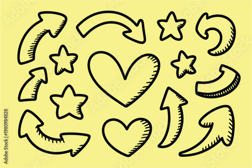 Hand drawn doodle arrows and hearts set for creative design projects providing various shapes and styles on a soft yellow background