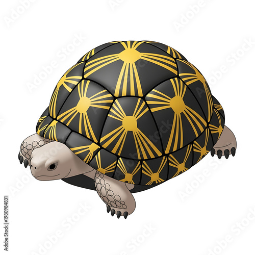 3D isometric vector turtle with golden sunburst pattern shell isolated on transparent background