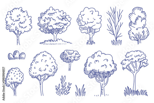 Hand drawn tree sketches and bush icons set in blue ink on transparent background. Doodle collection of forest plants for nature designs