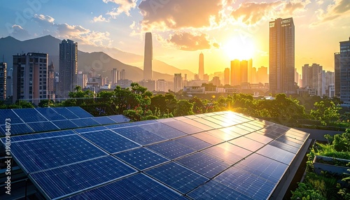 Futuristic cityscape at sunset with solar panels in the foreground and modern skyscrapers in the background casting long shadows in golden hour light.