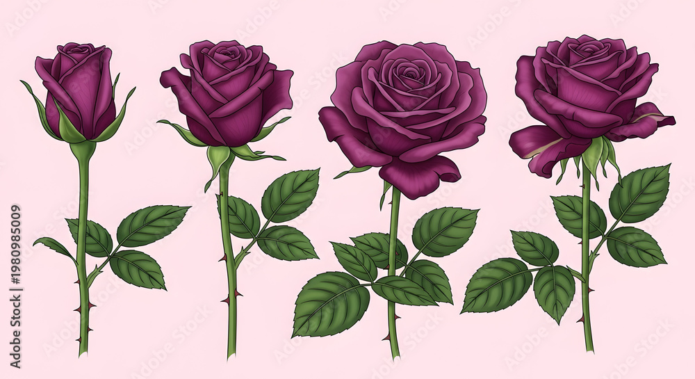 Fototapeta premium Four purple roses with green leaves on a gray background