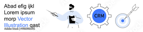 Customer relationship management, business strategy, operational planning, marketing focus, goal setting, data analysis. Businessman holding clipboard with CRM gear and target icon. CRM and business