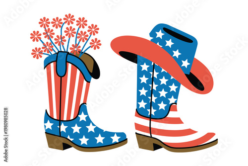 Pair of patriotic cowboy boots adorned with stars and stripes with one boot holding flowers on a transparent checkerboard background