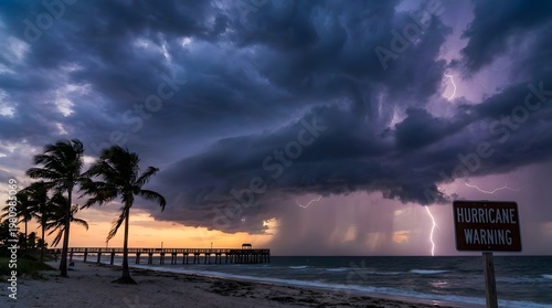 Dramatic Storm Clouds Over Florida Beach with Lightning and Warning Sign