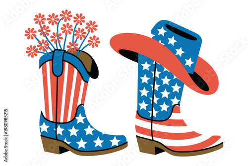 Patriotic western boots with american flag stars and stripes design. Independence day cowboy footwear with floral accents for usa holidays