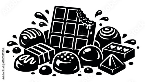 Assortment of gourmet chocolates, including a bitten bar, truffles, and pralines, surrounded by cocoa splashes