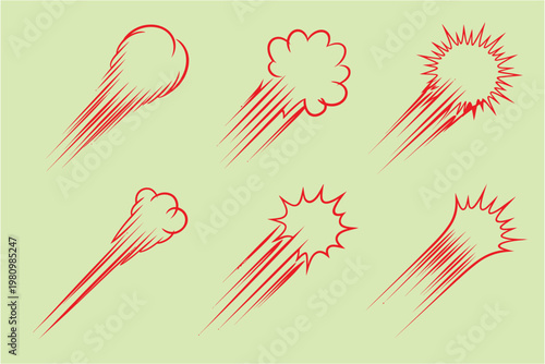 Red comic speed lines and motion blast effect shapes collection for cartoon action design and energy burst illustrations on green background