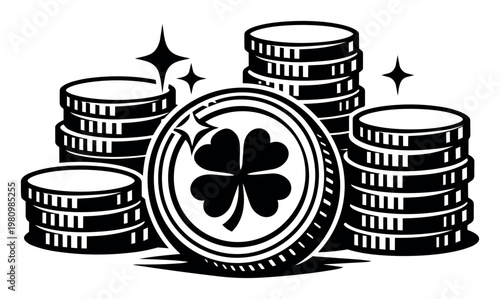 Shiny coin stacks and a large coin with a four-leaf clover, representing luck, gambling, finance, and celebration