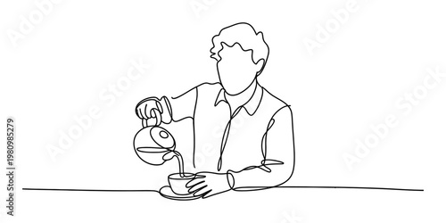 Continuous line drawing of a person pouring hot tea into a cup from a teapot on a table.