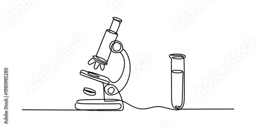 Continuous line drawing of a scientific microscope and a test tube for laboratory research