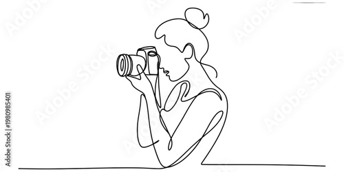 Minimalist continuous line art of a woman photographer holding a professional camera.