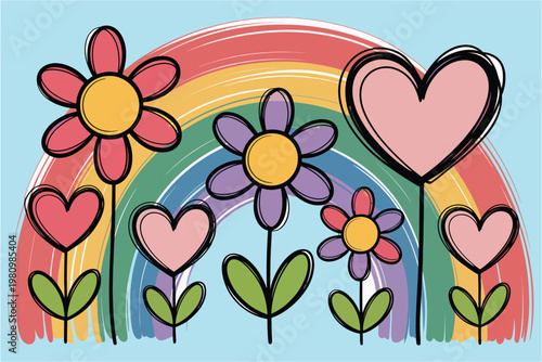 Spring flowers and hearts under colorful rainbow on blue background. Cute doodle style nature illustration for kids cards and invitations