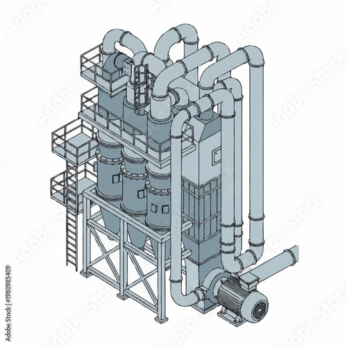 Industrial machinery complex with pipes and ladders.