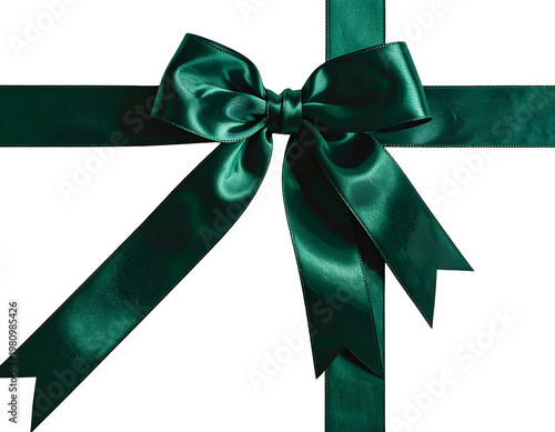 Emerald green satin ribbon tied into a neat bow on white