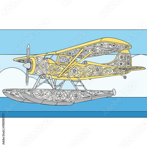 Stylized Vintage Seaplane Illustration with Hull and Wing Detailing