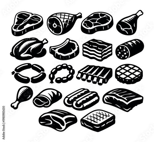 Various meat products and cuts vector icon collection, including steak, ham, ribs, chicken, bacon, and sausages