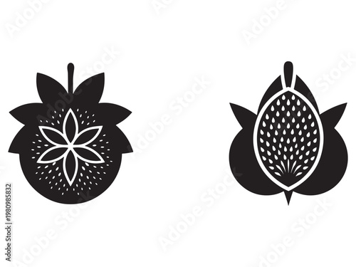 Blackandwhite pomegranate icons with seeds and leaves whole and halved fruits  healthy food and nutrition symbols