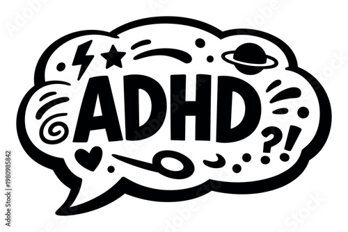 ADHD acronym in a whimsical thought bubble, filled with symbols illustrating attention, awareness, and cognitive differences