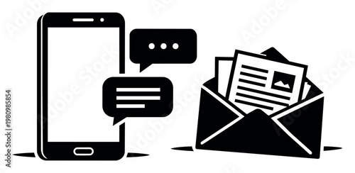 Smartphone showing chat messages next to an open envelope with documents, representing concepts of instant messaging and email