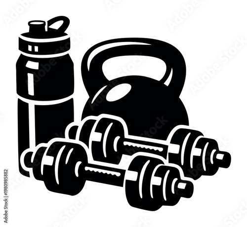 Bodybuilding and gym training concept with essential fitness equipment. Staying hydrated and strong for healthy lifestyle