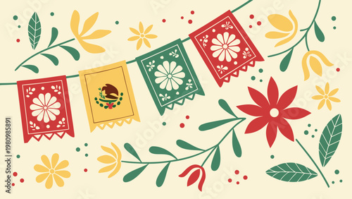 Schilderij op canvas This colorful illustration showcases mexican independence day decorations