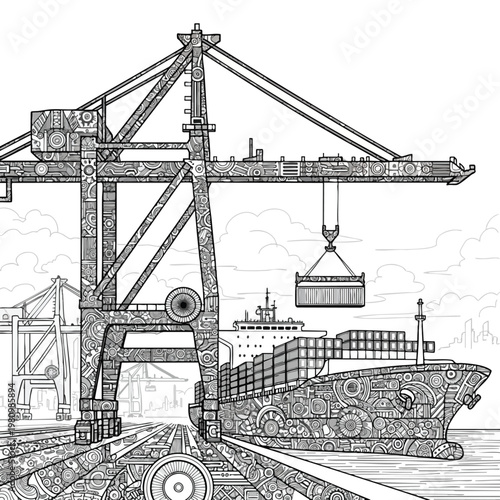 Construction Crane Over Industrial Dock with Cargo Ship Loading and Unloading