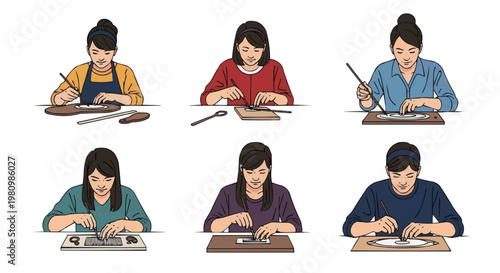 Illustrations of Focused Women Practicing Various Handicrafts, Showcasing Manual Dexterity and Artistic Skill in Traditional Creative Pursuits
