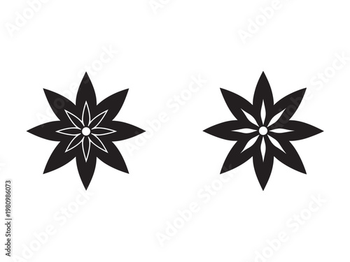 Blackandwhite starburst designs with eight pointed petals and circular centers  symmetrical floral patterns