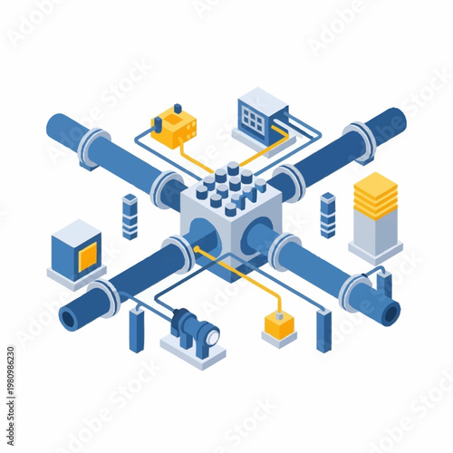 Industrial pipeline system with valves and control units isometric view.