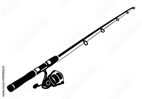 Fishing rod with spinning reel depicting outdoor recreation, sport fishing, and hobby angling pursuits in simple black and white vector form
