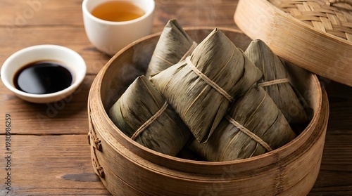 Steaming Bamboo Basket with Traditional Rice Dumplings and Tea
