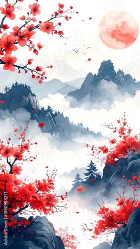 Watercolor vista of mountains shrouded in mist with red flowering branches & pale moon