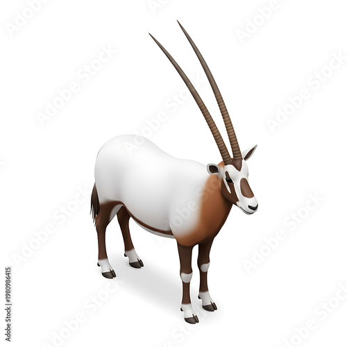 3D isometric white oryx antelope with long horns isolated on transparent background