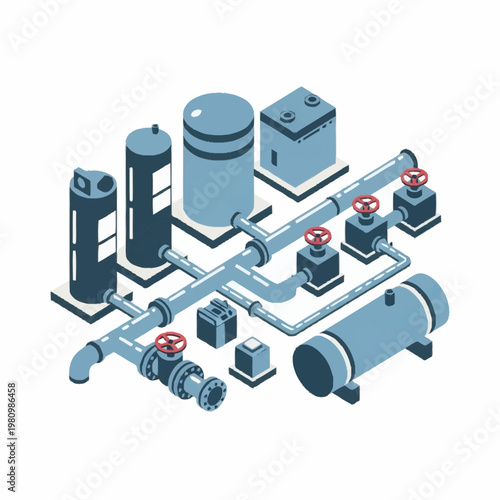 Industrial plumbing system with tanks and valves isometric illustration.