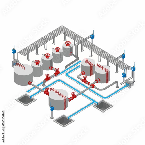 Industrial plant with tanks pipes and valves isometric view.