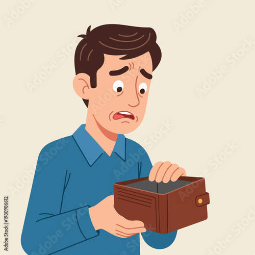 Worried man looks shocked while holding his empty brown leather wallet wide open