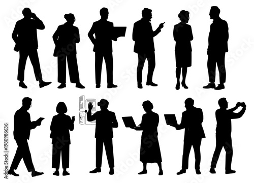 Silhouettes show diverse professionals in business settings. Figures gesture, walk, hold devices, active communication. Isolated on transparent background. Ideal for presentations, marketing