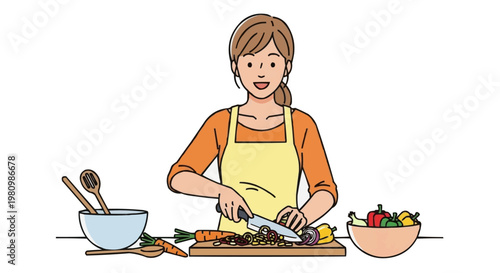 Woman in Apron Preparing Food on Wooden Cutting Board with Vegetables and Utensils
