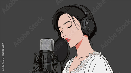 Woman Singing with Microphone and Headphones