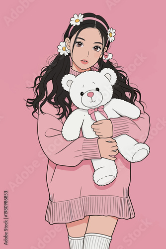 Cute Girl Holding White Teddy Bear in Pink Outfit