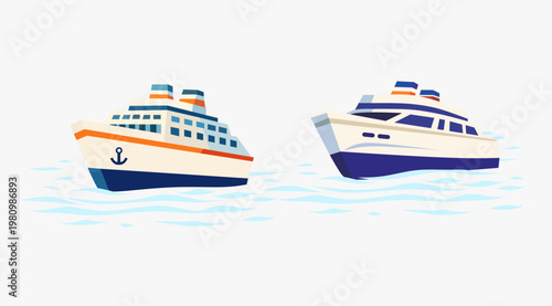 Two cruise ships sailing on blue water. Passenger vessel and luxury yacht traveling on sea. Summer vacation transportation, maritime travel concept, tourism industry illustration.