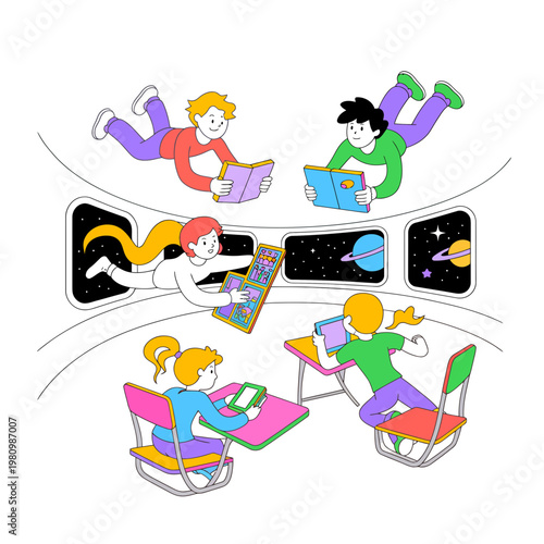 Children Reading Books on Space Train